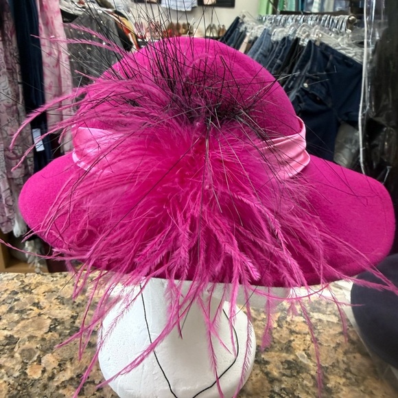 Vintage Mr Charles Pink Wool Hat Feather Wide Brim Dress Church Derby USA